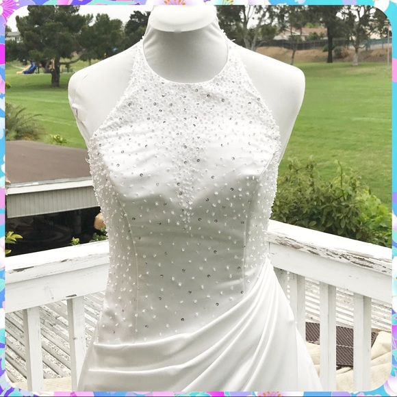 DEMETRIOS Beaded Ivory Satin Halter Neck Wedding Gown w Train Size 10 Dress - Picture 5 of 7